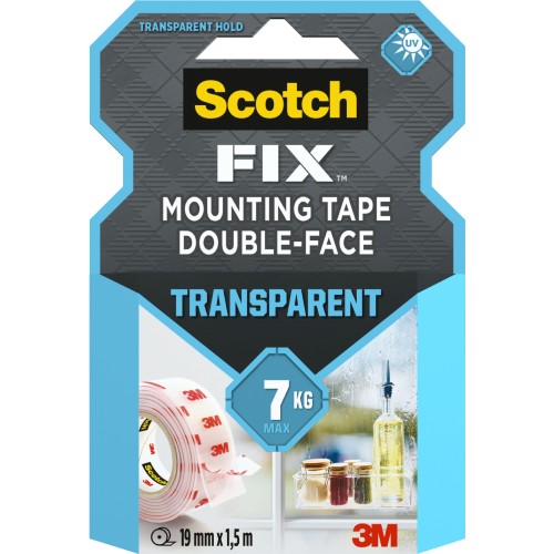 Banda dublu adeziva transparenta pentru montare  Scotch, 1.5 m x 19 mm