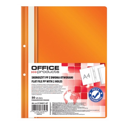 Dosar cu sina si 2 perforatii Office Products, A4, plastic, 50 bucati/set, portocaliu