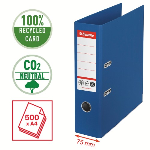 Biblioraft Esselte No.1 Power Recycled, carton, 100% reciclat, reciclabil, certificare FSC, A4, 75 mm, albastru