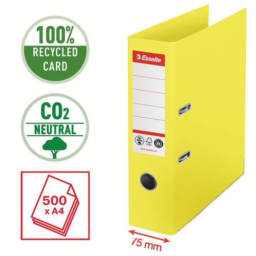 Biblioraft Esselte No.1 Power Recycled, carton, 100% reciclat, reciclabil, certificare FSC, A4, 75 mm, galben