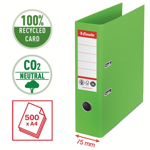 Biblioraft Esselte No.1 Power Recycled, carton, 100% reciclat, reciclabil, certificare FSC, A4, 75 mm, verde