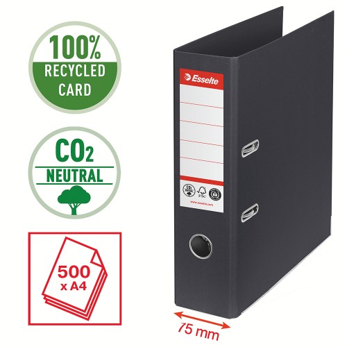 Biblioraft Esselte No.1 Power Recycled, carton, 100% reciclat, reciclabil, certificare FSC, A4, 75 mm, negru