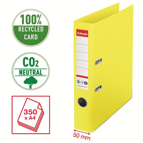 Biblioraft Esselte No.1 Power Recycled, carton, 100% reciclat, reciclabil, certificare FSC, A4, 50 mm, galben