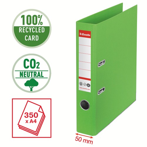 Biblioraft Esselte No.1 Power Recycled, carton, 100% reciclat, reciclabil, certificare FSC, A4, 50 mm, verde