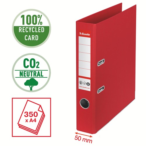 Biblioraft Esselte No.1 Power Recycled, carton, 100% reciclat, reciclabil, certificare FSC, A4, 50 mm, rosu