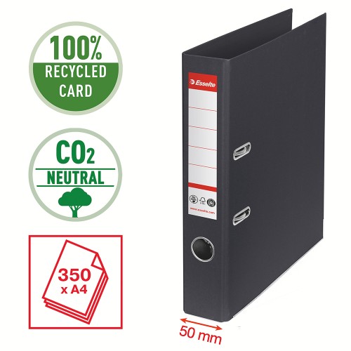 Biblioraft Esselte No.1 Power Recycled, carton, 100% reciclat, reciclabil, certificare FSC, A4, 50 mm, negru