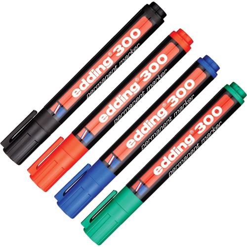 Marker permanent, Edding 300, set 4 culori, corp plastic, varf rotund 1.5 - 3 mm, negru, rosu, albastru, verde