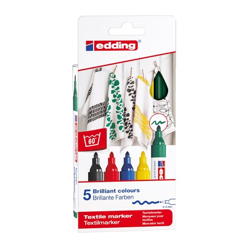 Marker pentru textile Edding 4500, varf 2-3 mm, culori basic, 5 bucati/set