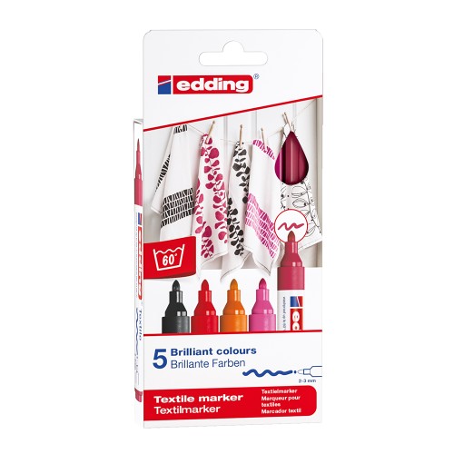 Marker pentru textile Edding 4500, varf 2-3 mm, culori calde, 5 bucati/set