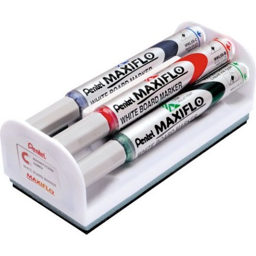 Set Maxiflo pentru tabla, format din 4 markere asortate + burete magnetic