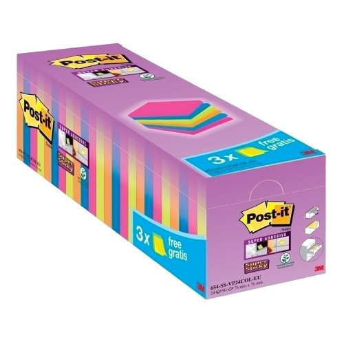 Notite adezive, Post-it, Super Sticky, 76 x 76 mm, neon, 100 file/set, 21+3 gratis