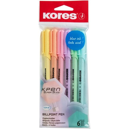 Set 6 pixuri fara mecanism Kores Korm, varf 1 mm, corp pastel, scriere albastra