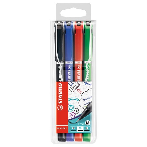 Fineliner Stabilo Sensor, 0.7 mm, 4 culori/set, verde, rosu, albastru, negru, etui plastic