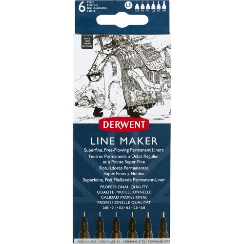 Liner DERWENT Profesional, 0.0.5 - 0.8 mm, 6 bucati, negru