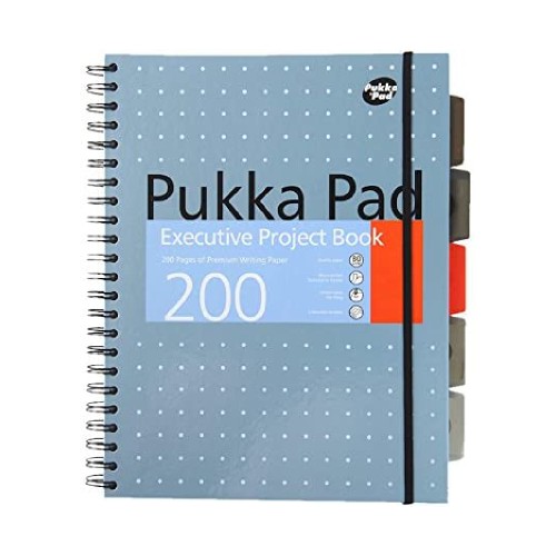 Caiet A5 cu spirala si separatoare Pukka Pads Executive Metallic Project Book, 200 file, albastru