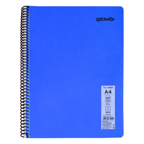 Caiet cu spira Mynote, format A4, 60 file offset 60 g/mp, liniatura matematica, coperta PP neon, mix de 8 culori