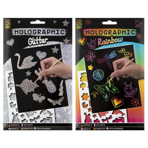 Set Creative Craft, fise razuibile holographic scratch, 4 coli si creion