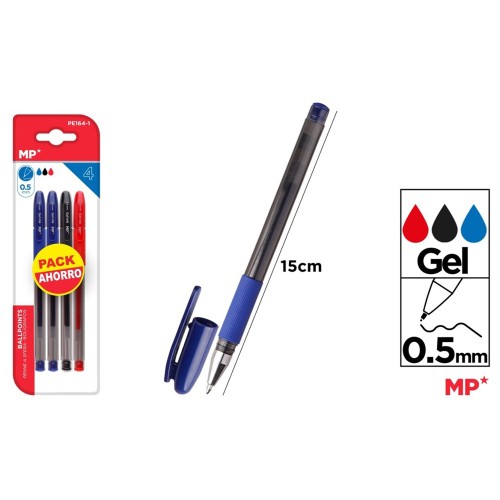 Set 4 pixuri cu gel Main Paper, varf 0.5 mm, 2 albastre, 1 rosu, 1 negru