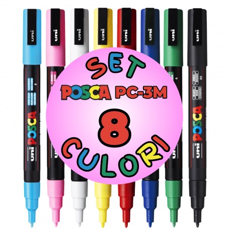 Marker UNI Posca PC-3M, varf rotund, 0.9-1.3mm, set 8 culori