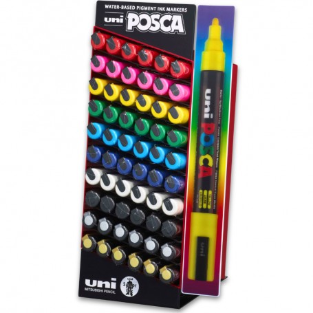 Display UNI Posca PC-5M, varf rotund, 1.8-2.5mm, 60 bucati (6 x 10 culori)