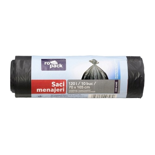 Saci menajeri LDPE negri, 120 litri, 24 microni, 10 bucati/rola      