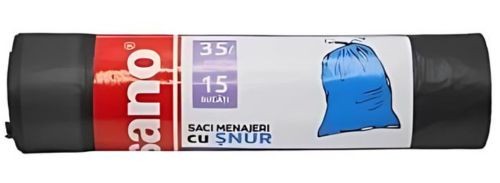 Saci menajeri cu snur Sano, 35 l, 15 bucati/rola, negri