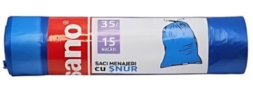 Saci menajeri cu snur Sano, 35 l, 15 bucati/rola, albastri