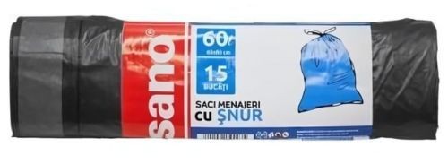 Saci menajeri cu snur Sano, 60 l, 15 bucati/rola, negri