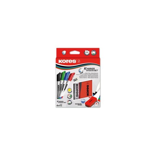 Set Kores pentru whiteboard, 4 markere si burete magnetic