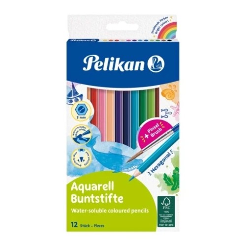 Creioane colorate Pelikan, solubile in apa, 12 bucati/set + pensula