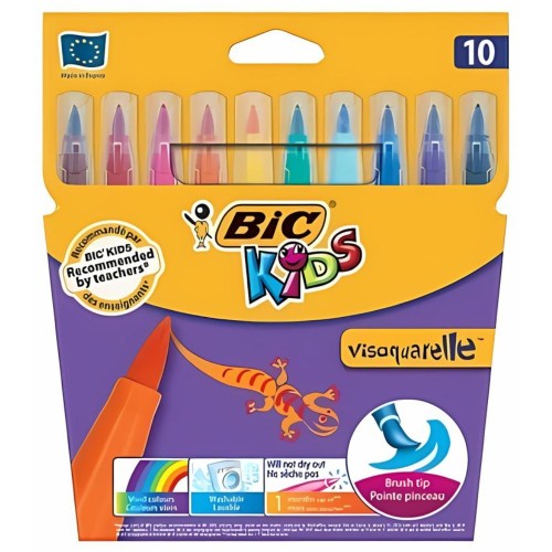 Carioci Bic Kids Visaquarelle, tip pensula, lavabile, 10 culori