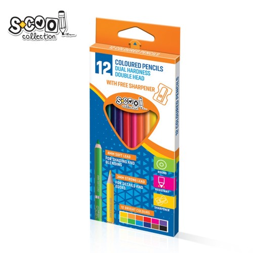 Creioane colorate S-Cool cu 2 capete + ascutitoare, 3/4mm, 12 culori/set