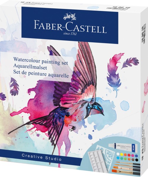 SET CREATIV TEMPERA 18 PIESE (TEMPERA ACUARELE 12 CULORI X 5 ML + 4 PENSULE+ SABLON PLASTIC) FABER-CASTELL