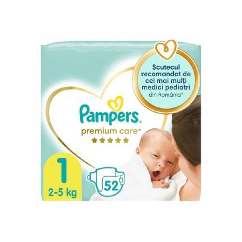 Scutece PAMPERS Premium Care nr 1, Unisex, 2-5 kg, 52 bucati