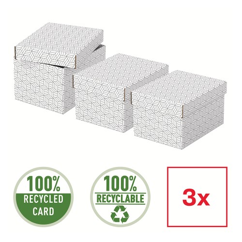 Cutie depozitare Esselte Home Recycled, carton reciclat si reciclabil, 255x200x150 mm, cu capac, 3 bucati/set, alb