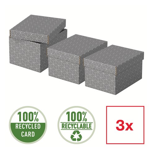 Cutie depozitare Esselte Home Recycled, carton reciclat si reciclabil, 255x200x150 mm, cu capac, 3 bucati/set, gri