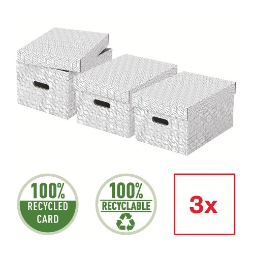 Cutie depozitare Esselte Home Recycled, carton reciclat si reciclabil, 365x265x205 mm, cu capac, 3 bucati/set, alb