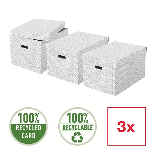 Cutie depozitare Esselte Home Recycled, carton reciclat si reciclabil, 510x355x305 mm, cu capac, 3 bucati/set, alb