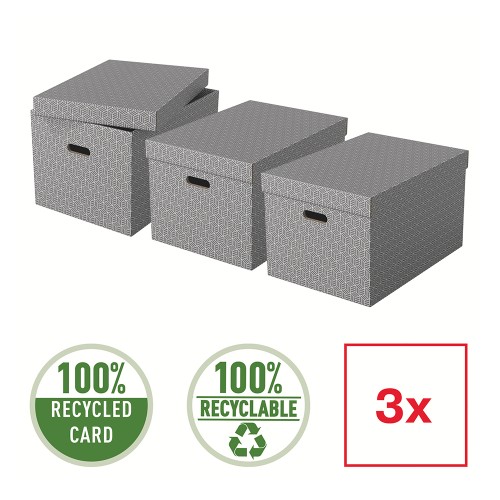 Cutie depozitare Esselte Home Recycled, carton reciclat si reciclabil, 510x355x305 mm, cu capac, 3 bucati/set, gri