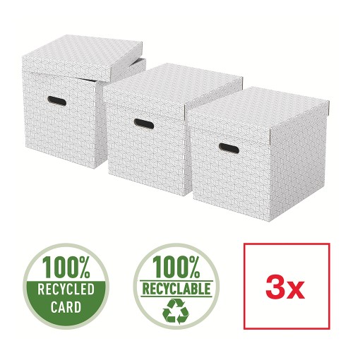 Cutie depozitare Esselte Home Recycled, carton reciclat si reciclabil, 365x320x315 mm, cu capac, 3 bucati/set, alb