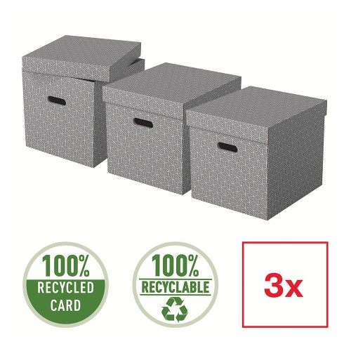 Cutie depozitare Esselte Home Recycled, carton reciclat si reciclabil, 365x320x315 mm, cu capac, 3 bucati/set, gri