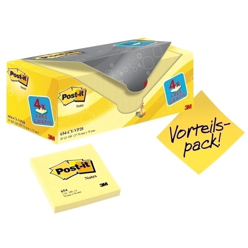 Notite adezive, Post-it, 76 x 76 mm, galben, 100 file/set, 16 bucati +4 Gratuite