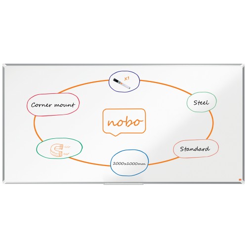 Tabla NOBO Premium Plus, otel lacuit, 200x100 cm, magnetica, include marker si tavita, alb