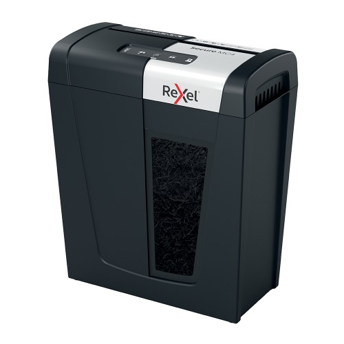 Distrugator documente manual REXEL SECURE MC4, P5, micro-cut (particule), 4 coli, 14l, negru-argintiu