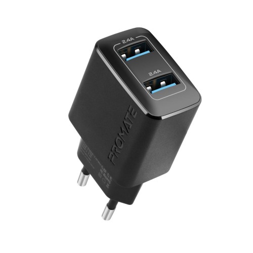 Incarcator retea Promate BiPlug, Dual-USB Port, Adaptive Charging Negru