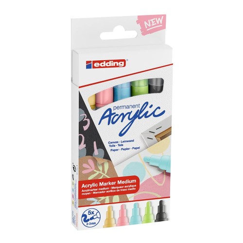 Set markere acrilice Edding 5100, varf 2-3 mm, culori pastel, 5 bucati/set