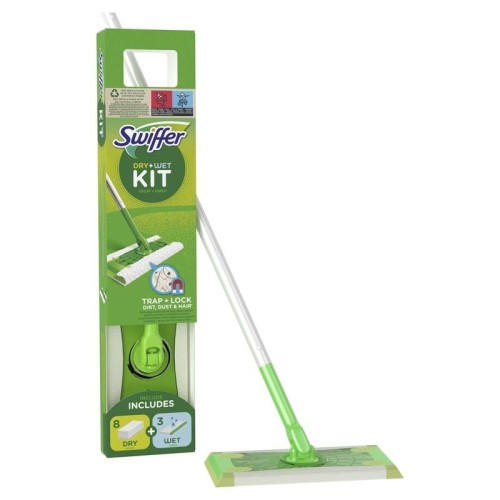 Kit curatenie Swiffer Trap & Lock cu mop umed/uscat, maner 124 cm + 8 lavete uscate + 3 lavete umede